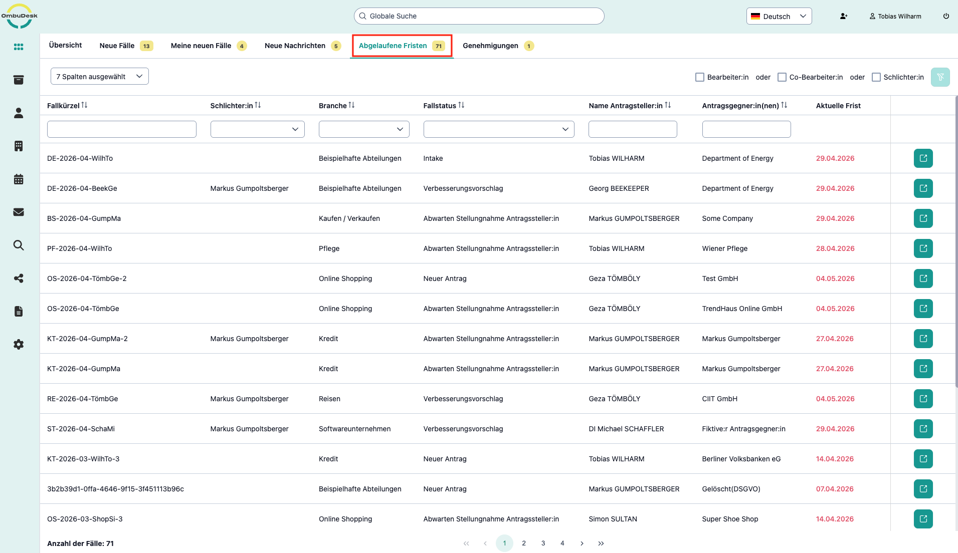 Das Bild zeigt das Dashboard von OmbuDesk im Reiter "Abgelaufene Fristen", der in der Navigation markiert ist.