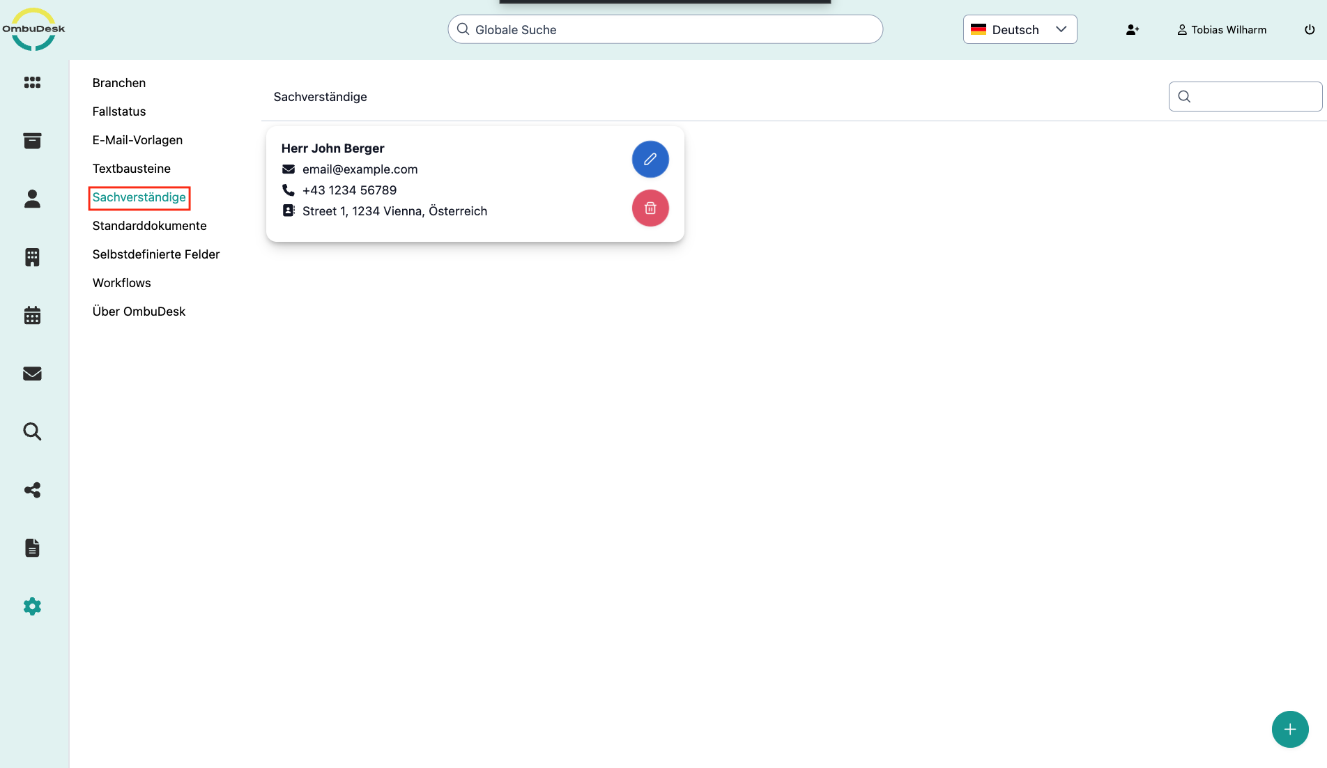 Das Bild zeigt den Einstellungsbereich für Sachverständige in OmbuDesk. Die Kategorie ist in der Navigation rot umrandet.