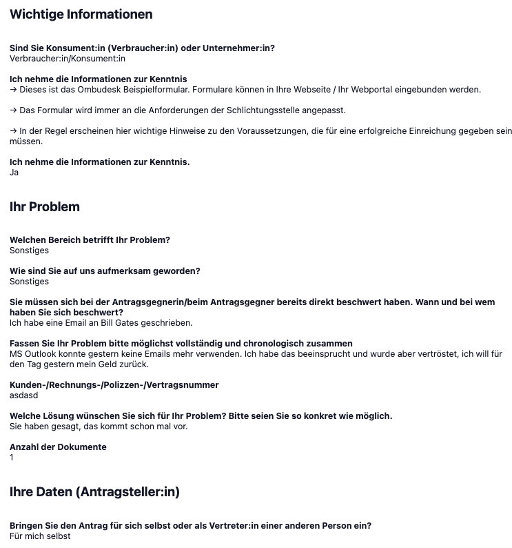 Das Bild zeigt ein ursprüngliches Online-Formular mit den Fragen aus dem beispielhaften Antragsformular und den Antworten der/des Antragssteller