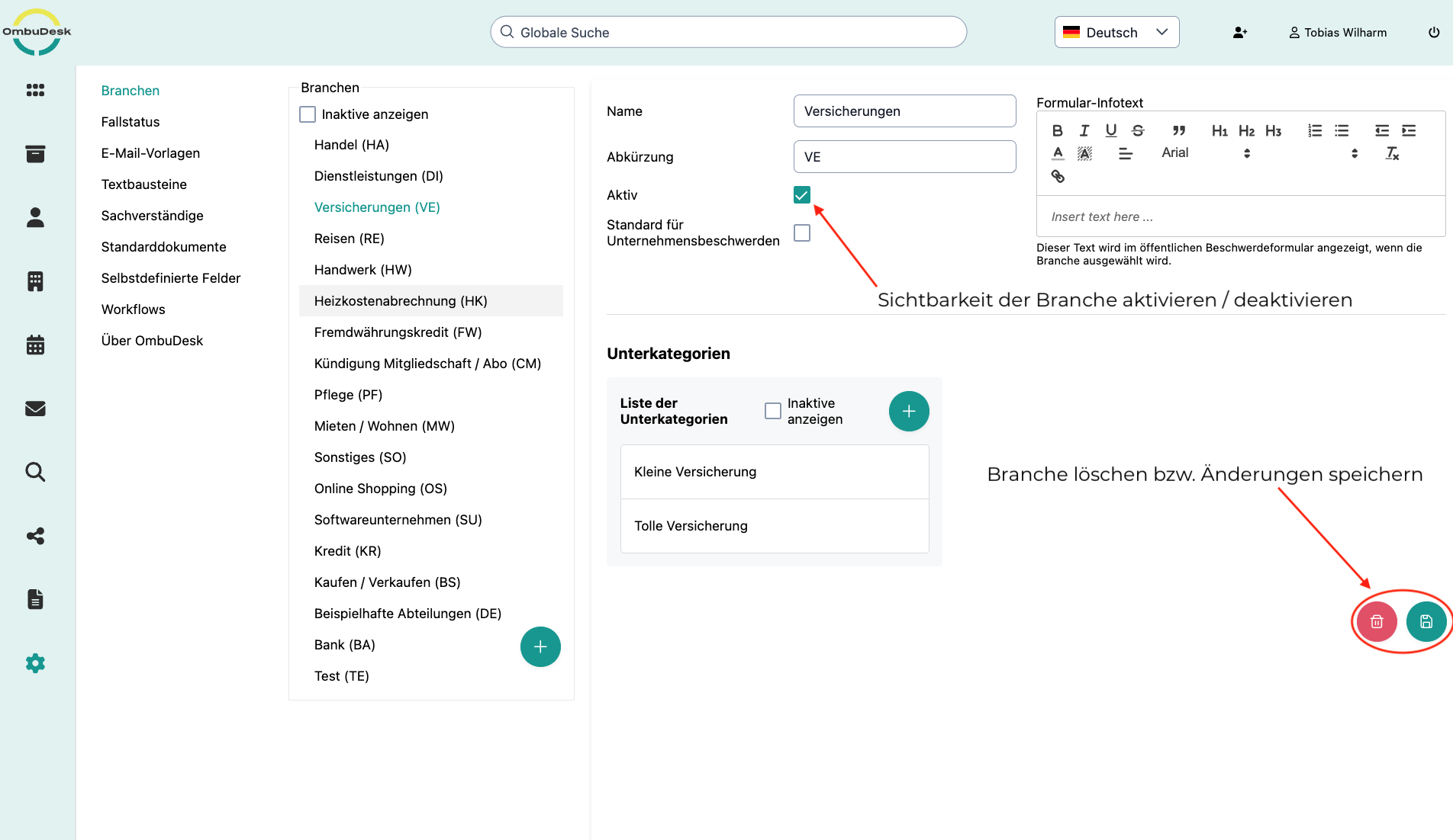 Das Bild zeigt den adminstrativen Bereich für die Branchen und rote Pfeile + Text kennzeichen die Checkbox für die Sichtbarkeit einer Branche und das Löschen einer Branche bzw. das Speichern von Veränderungen an einer Branchen.