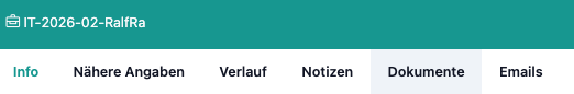 Dieses Bild zeigt die verschiedenen Reiter in der Navigationsleiste der digitalen Fallakte. Durch das Anklicken eines Reiters, können Nutzer die Sicht in der digitalen Fallakte wechseln. Zur Auswahl stehen Info (Stammdaten), Nähere Angaben - mit weiterführenden Informationen, der Verlauf mit einem Verlauf des ganzen Falls, Notizen, die nur intern gezeigt werden, Dokumente - eine Ansicht aller zugehörigen Dokumente und abschließend E-Mails, wo die gesamte Kommunikation gebündelt wird.