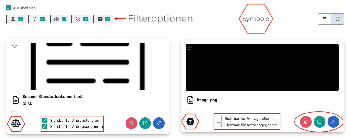 Das Bild zeigt die Dokumentenansicht und macht aufmerksam auf die Filteroptionen, Symbole, die Sichtbarkeitsverwaltung und verfügbaren Aktionen durch rote Markierungen