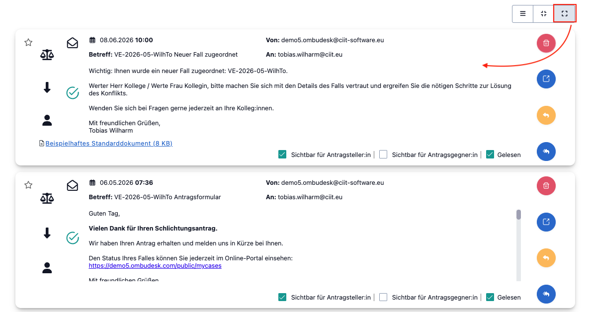Das Bild zeigt die größte Darstellungsform des E-Mail-Reiters