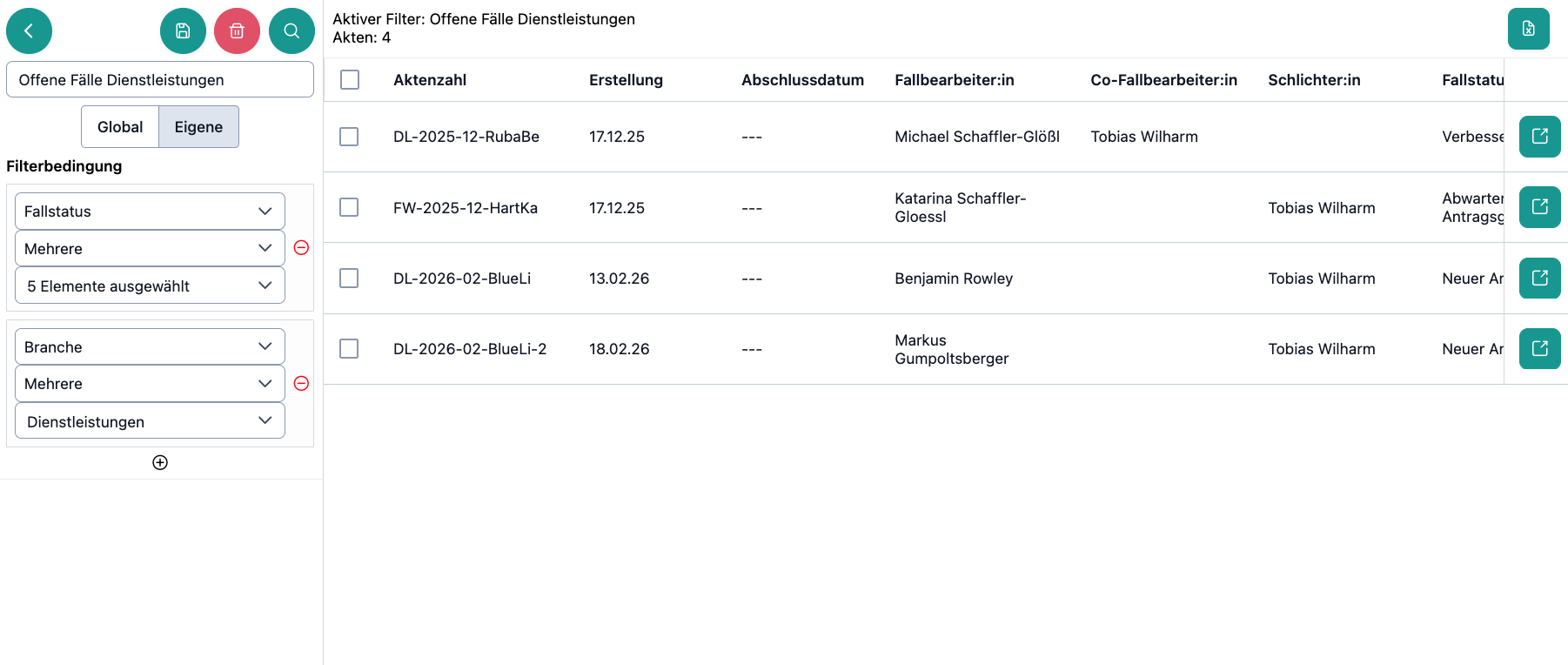 Das Bild zeigt das Ergebnis der Filtersuche nach offenen Fällen in der Filter-Suchen-Ansicht.