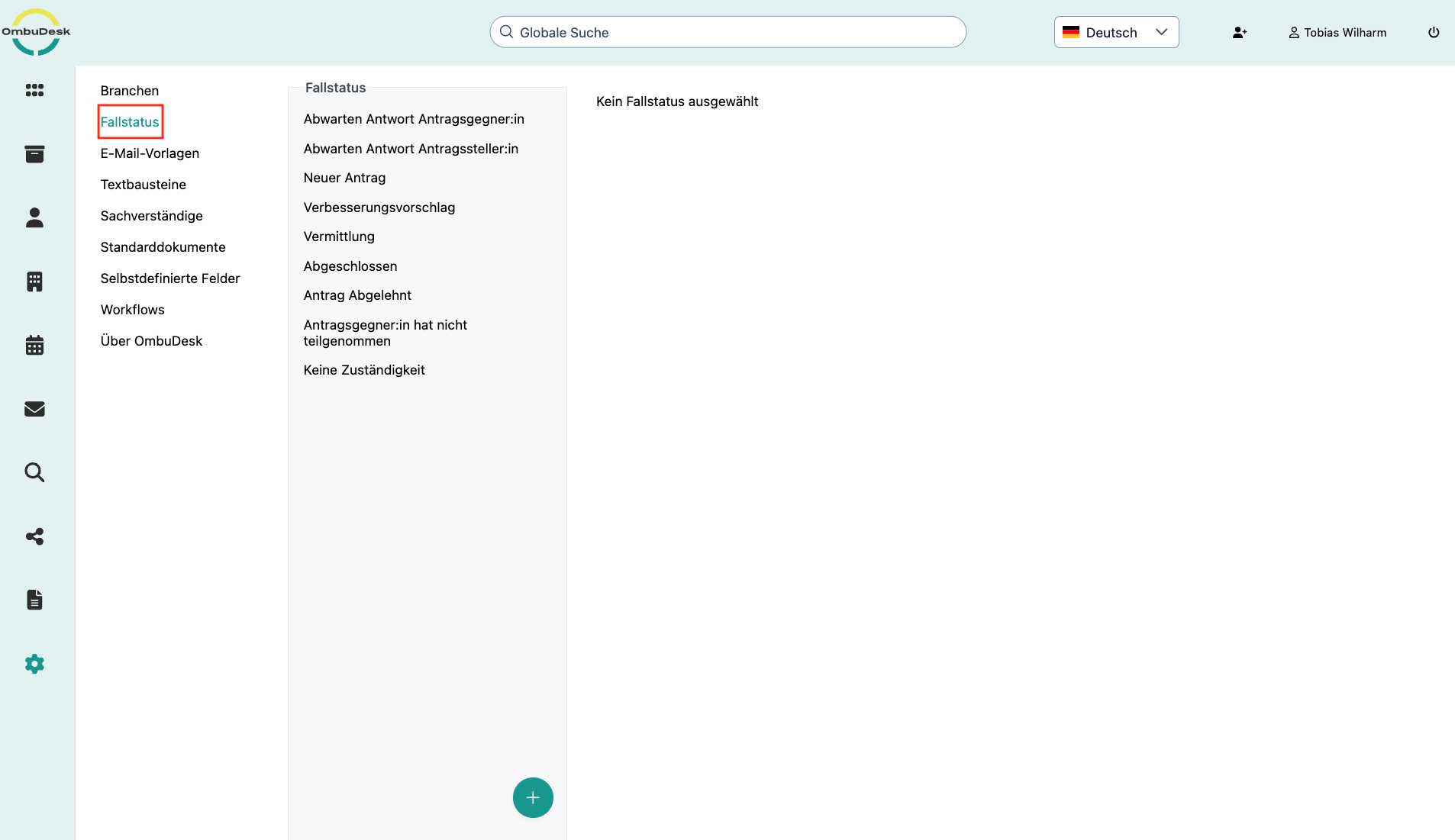 Das Bild zeigt die Einstellungen für den Fallstatus in OmbuDesk. Die Unterkategorie ist in der Navigation links rot markiert.