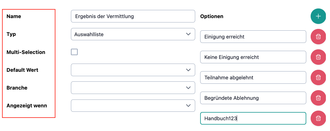 Das Bild zeigt die Änderungsmöglichkeiten für selbstdefinierte Felder in OmbuDesk an.