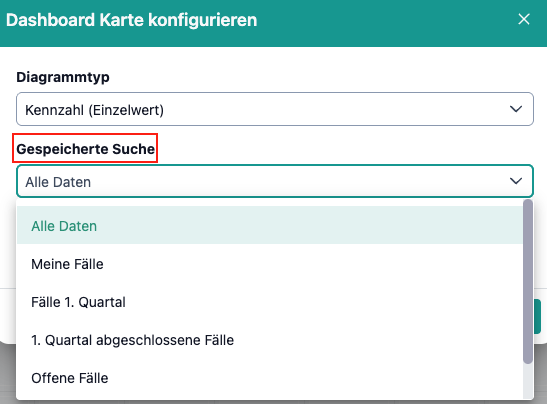 Das Bild zeigt die Auswahlmöglichkeiten für gespeicherte Suchen bei neuen Grafiken im Report-Dashboard.
