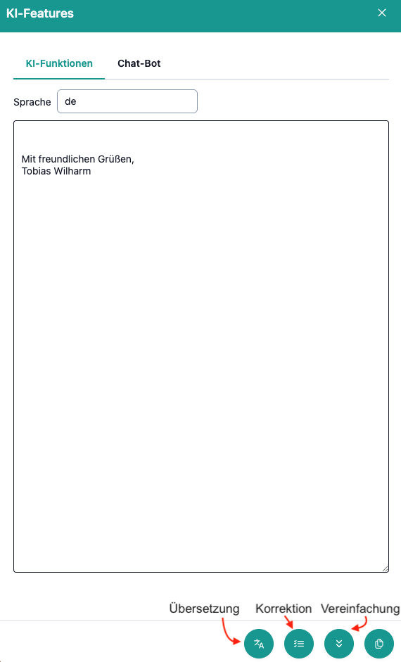 Das Bild zeigt die KI-Features in OmbuDesk, die alle beschriftet sind.