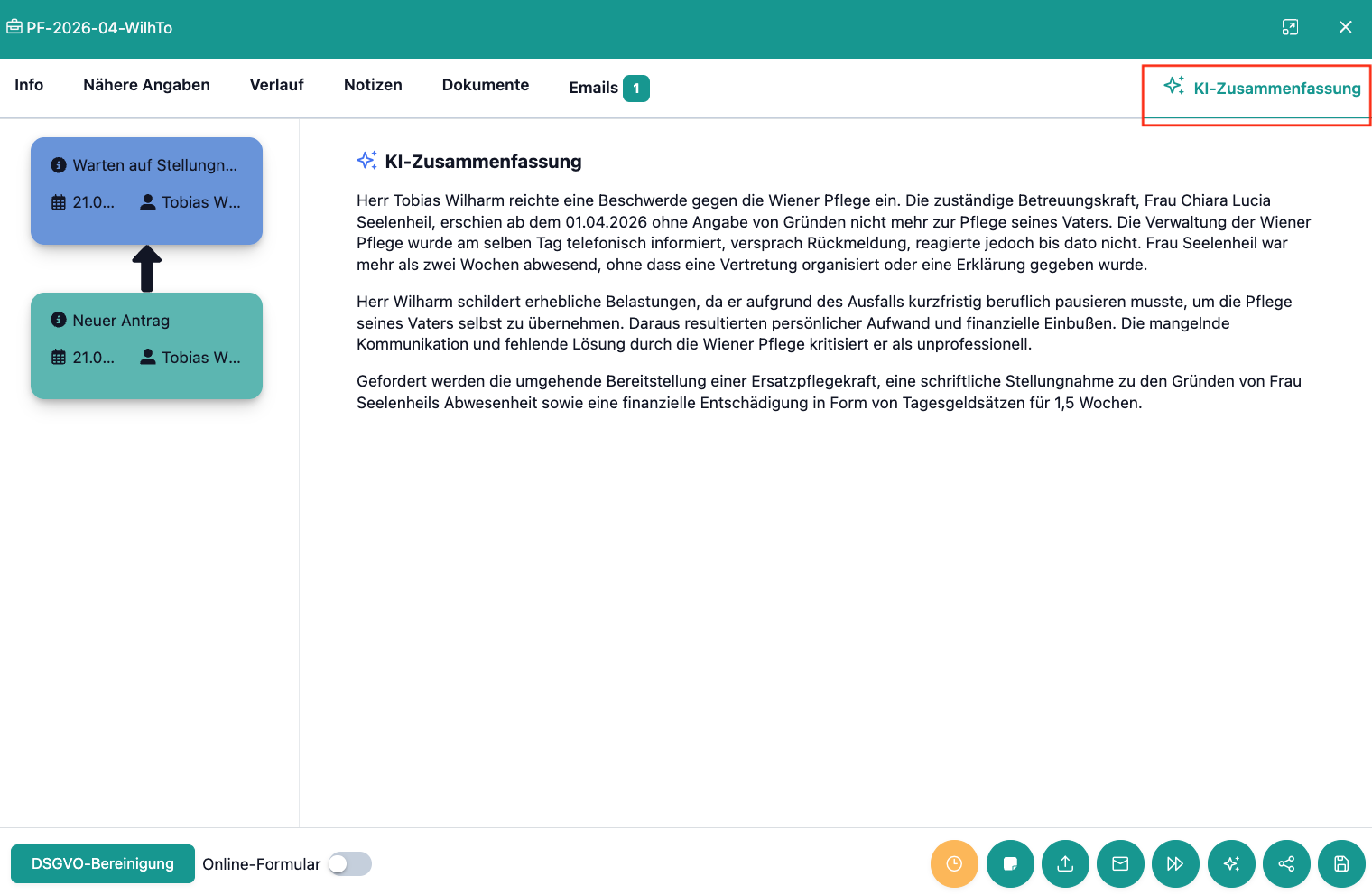 Das Bild zeigt die digitale Fallansicht in Ombudesk im Reiter "KI-Zusammenfassung", der oben in der Leiste rot umrandet ist.
