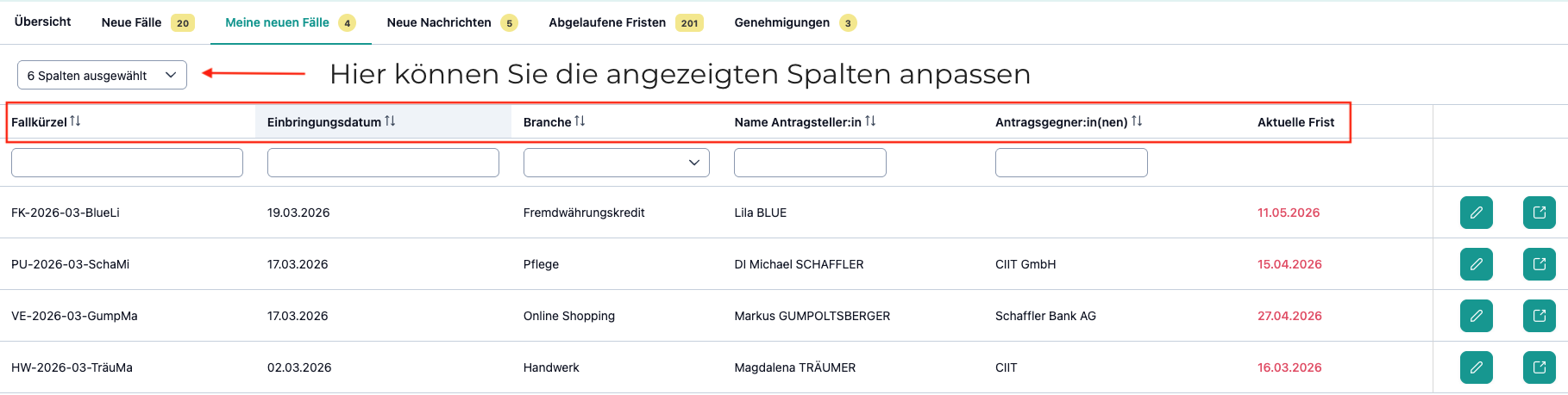 Das Bild zeigt die Ansicht "meine neue Fälle", in welcher die Spaltenkonfiguration und die angezeigten Spalten farblich markiert sind.