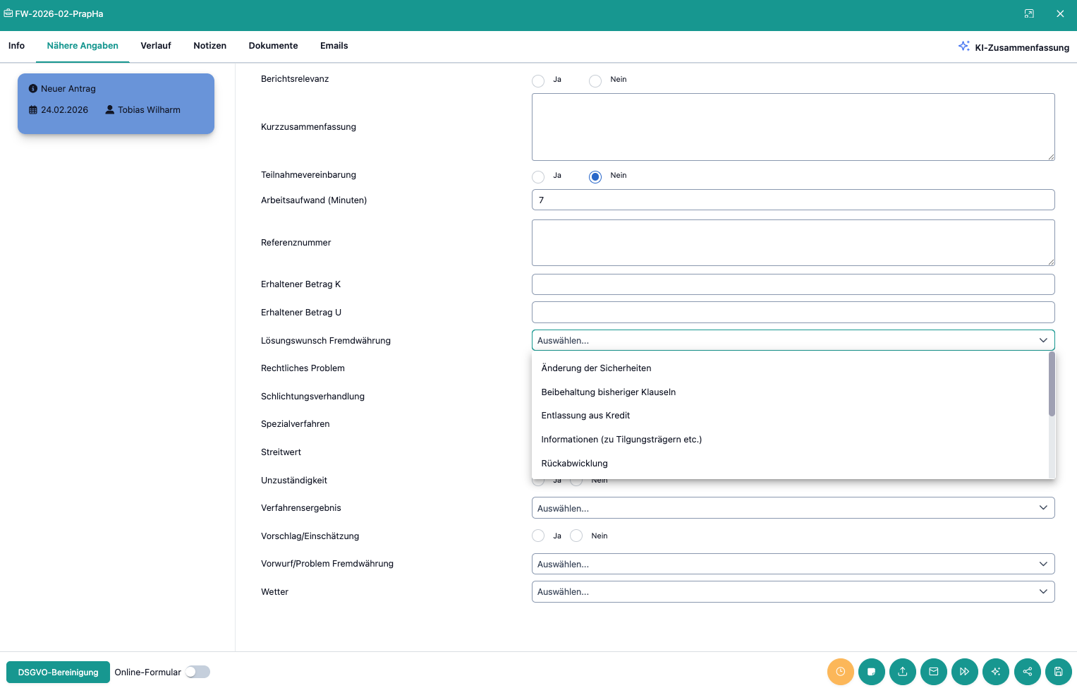 Das Bild zeigt den "nähere Angaben"-Tab in der digitalen Aktenansicht in OmbuDesk