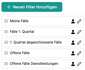 Das Bild zeigt den Button, um neue Filtersuchen anzulegen und einige gespeicherte Filtersuchen