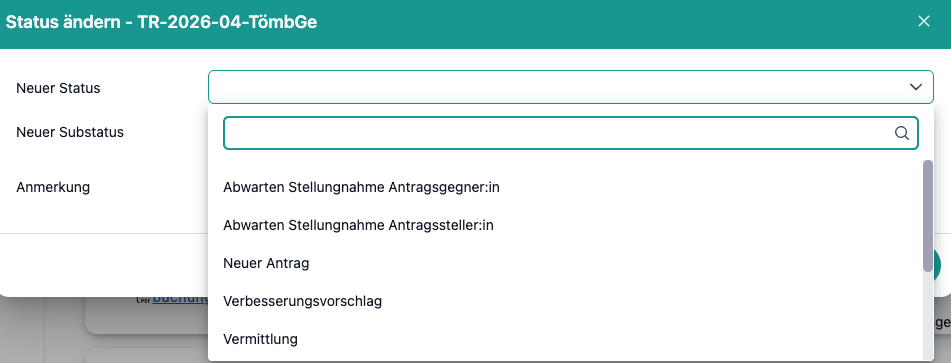 Das Bild zeigt den Status-Wechsel und die Auswahlliste für alle verfügbaren Status.