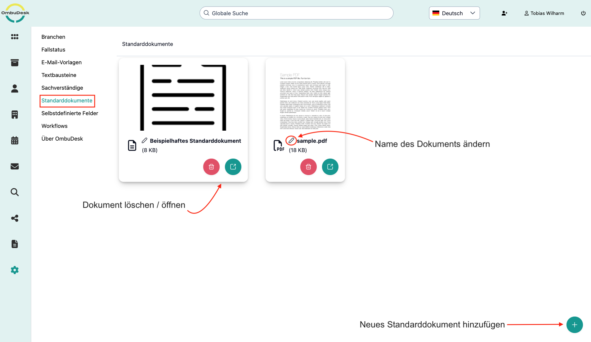 Das Bild zeigt den Einstellungsbereich für Standarddokumente in OmbuDesk. Markiert ist die linke Navigation, das Öffnen / Löschen von Dokumenten und das Hinterlegen von neuen Standarddokumenten.