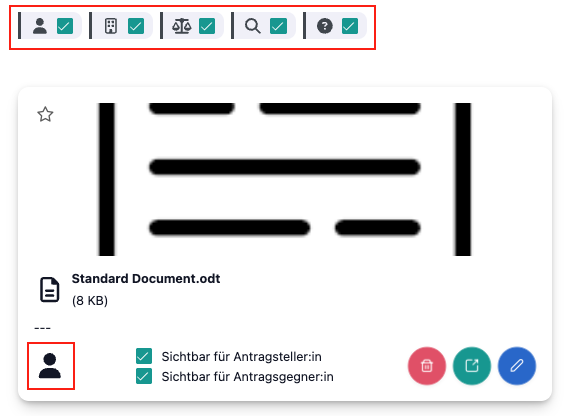Das Bild zeigt die Dokumentenansicht in OmbuDesk. Die Symbolbilder bzw. Piktogramme sind rot umrandet.