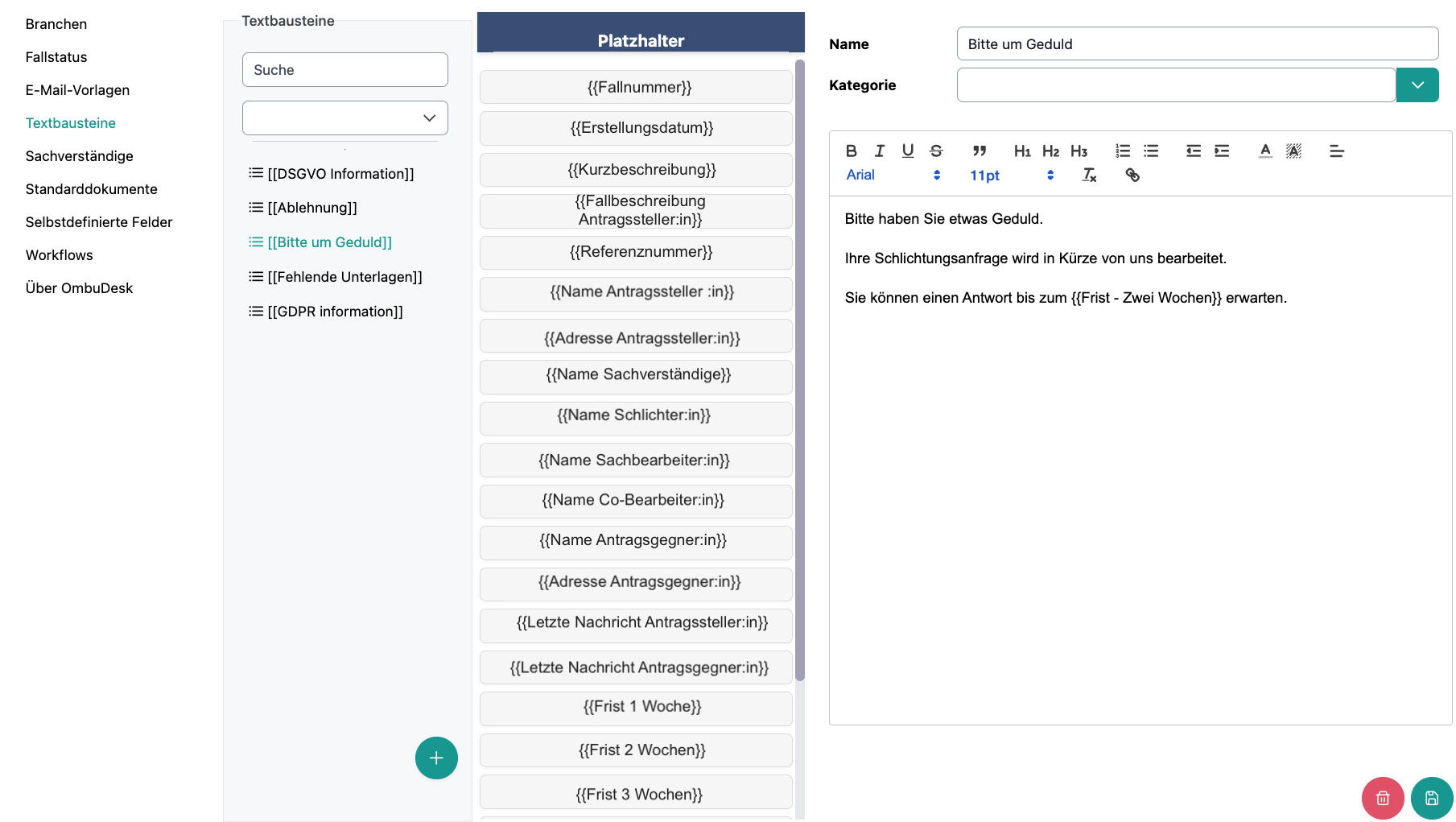 Das Bild zeigt den Einstellungsbereich für die Textbausteine in OmbuDesk.