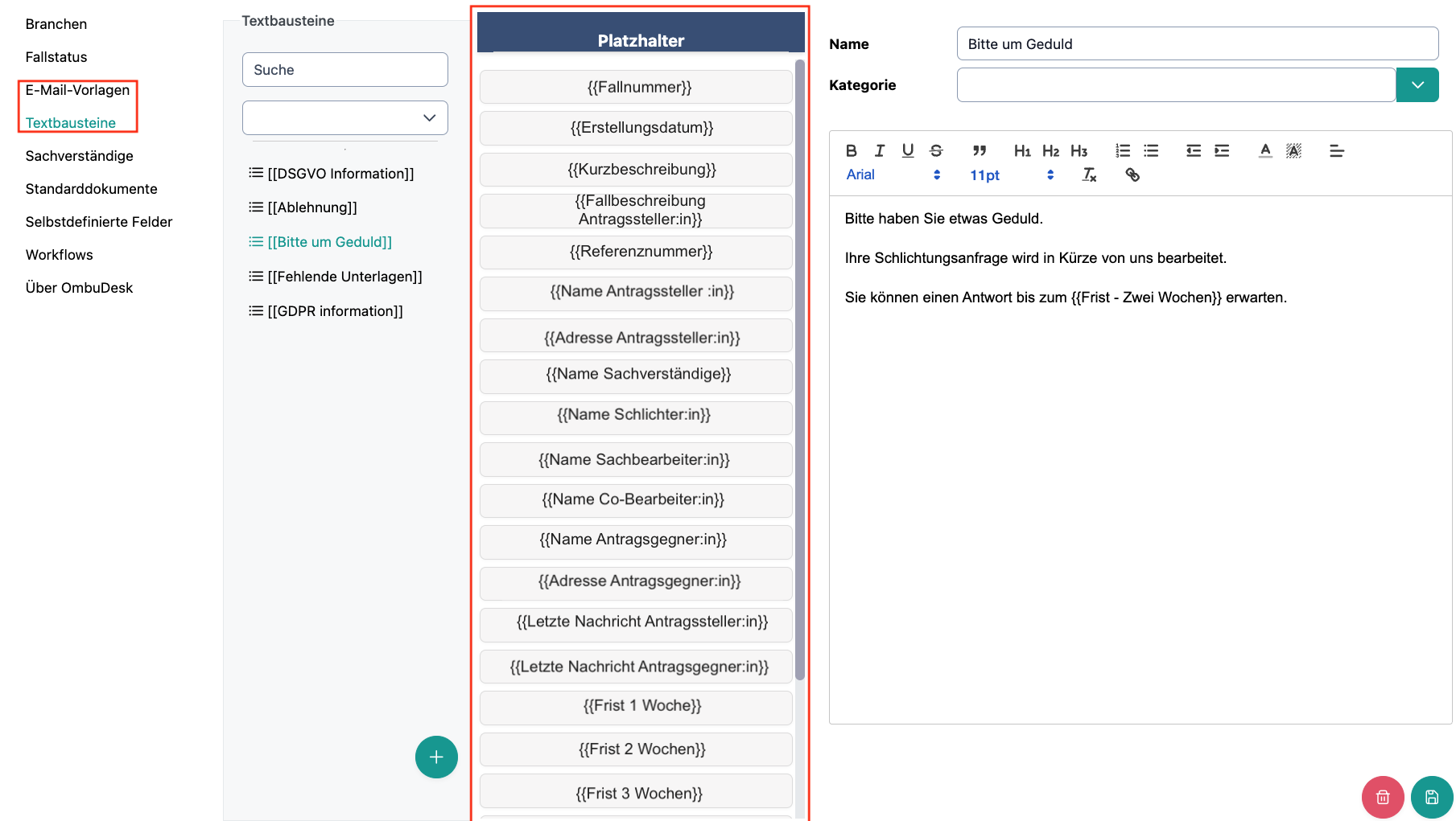 Das Bild zeigt den Einstellungsbereich für die Textbausteine, in welchem die Platzhalter rot umrandet sind.