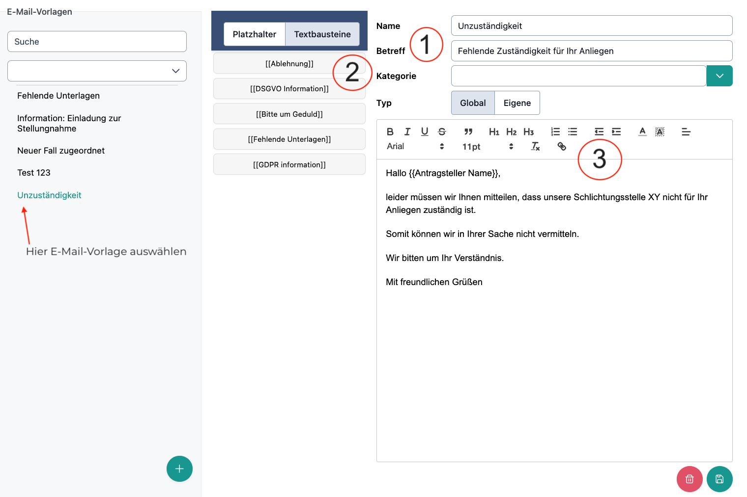 Das Bild zeigt die Anpassungenmöglichkeiten in dem Einstellungsbereich der E-Mail-Vorlagen. Beziffert ist 1. die Details zur Vorlage, 2. die Platzhalter und Textblöcke, die eingefügt werden können und 3. der E-Mail-Editor.