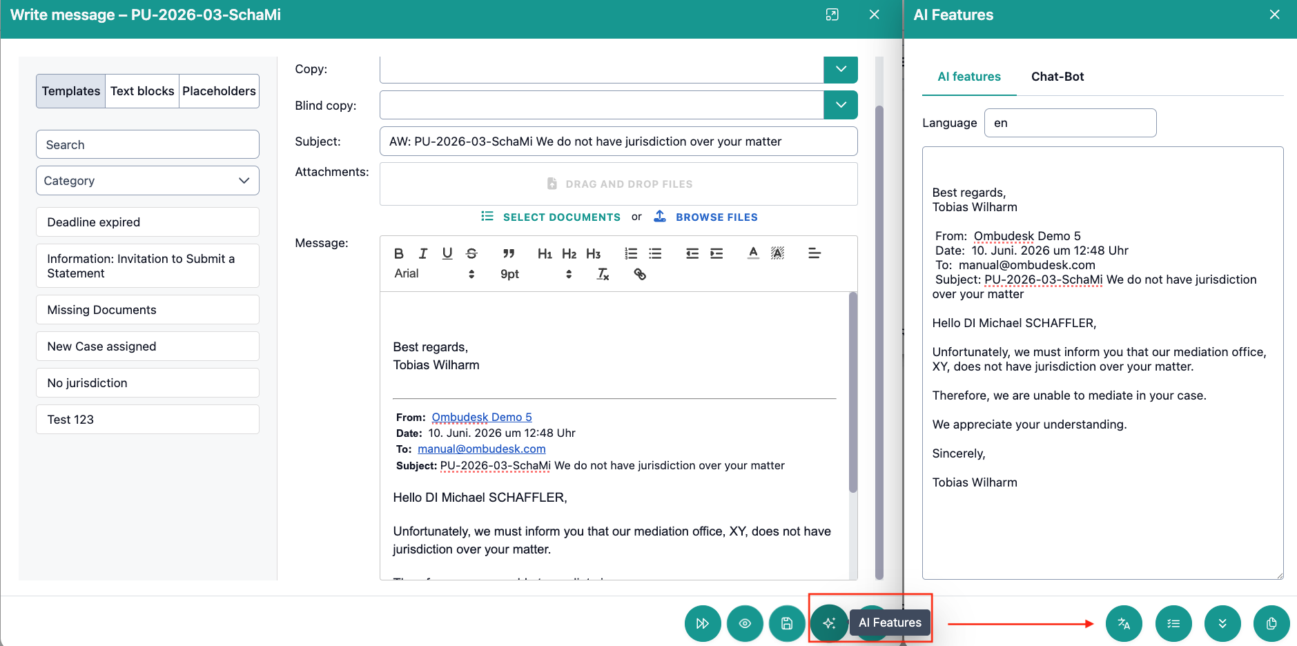 The image shows the "AI functions" quick action in the write message window and the associated dialog window.
