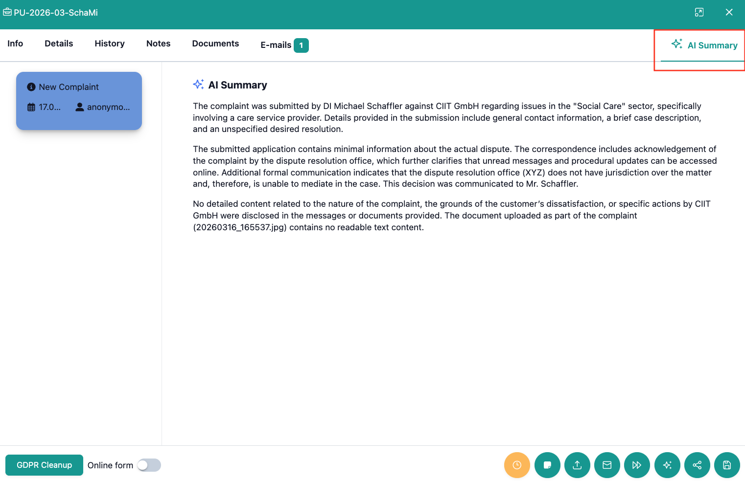 The image shows the digital case view in OmbuDesk in the "AI Summary" tab, which is outlined in red in the bar above.