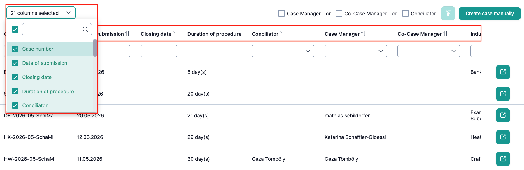 The image shows the column configuration in the case overview. The selection and columns, which can be used for sorting, are marked with red.