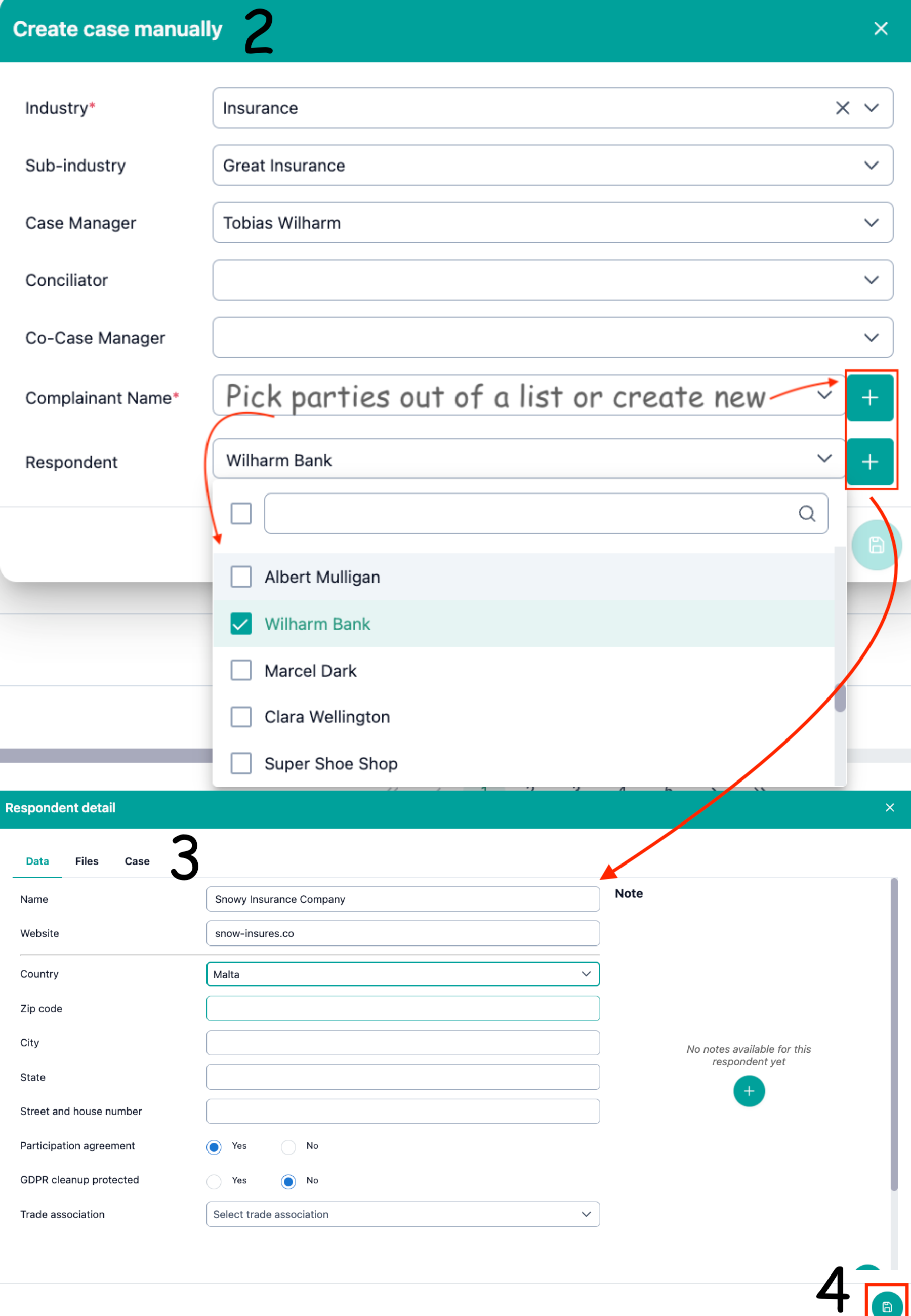 The image shows the dialog window after "Create case manually" was clicked. The buttons for creating new parties and the resulting master data dialog window are marked.