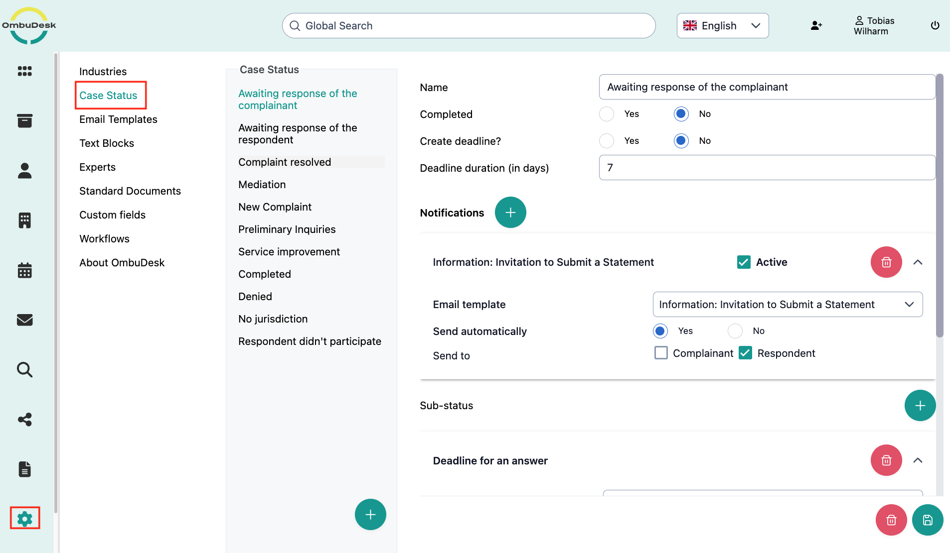 The image shows the settings for the case status in OmbuDesk. The subcategory is marked in red in the navigation on the left.