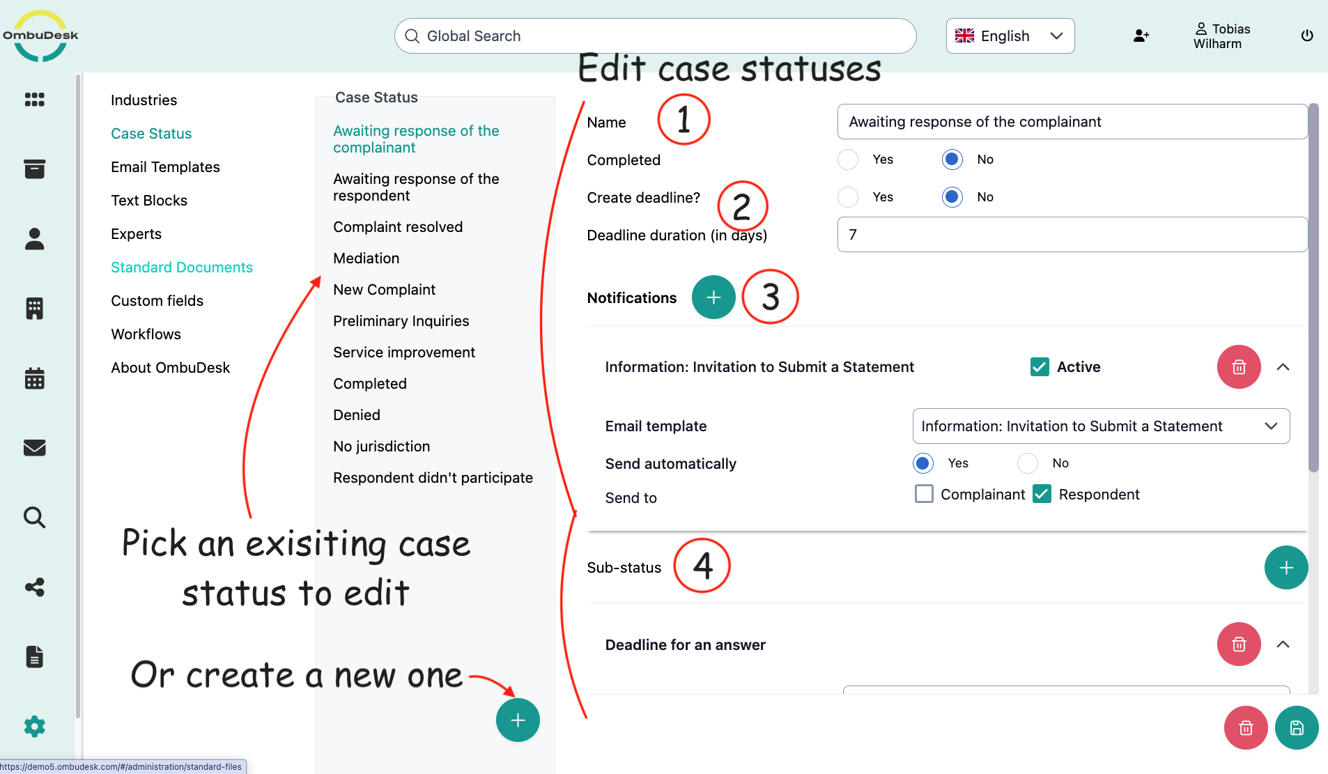 The image shows the editing options for status in OmbuDesk. The action new status and the possible fields for change are graphically marked.