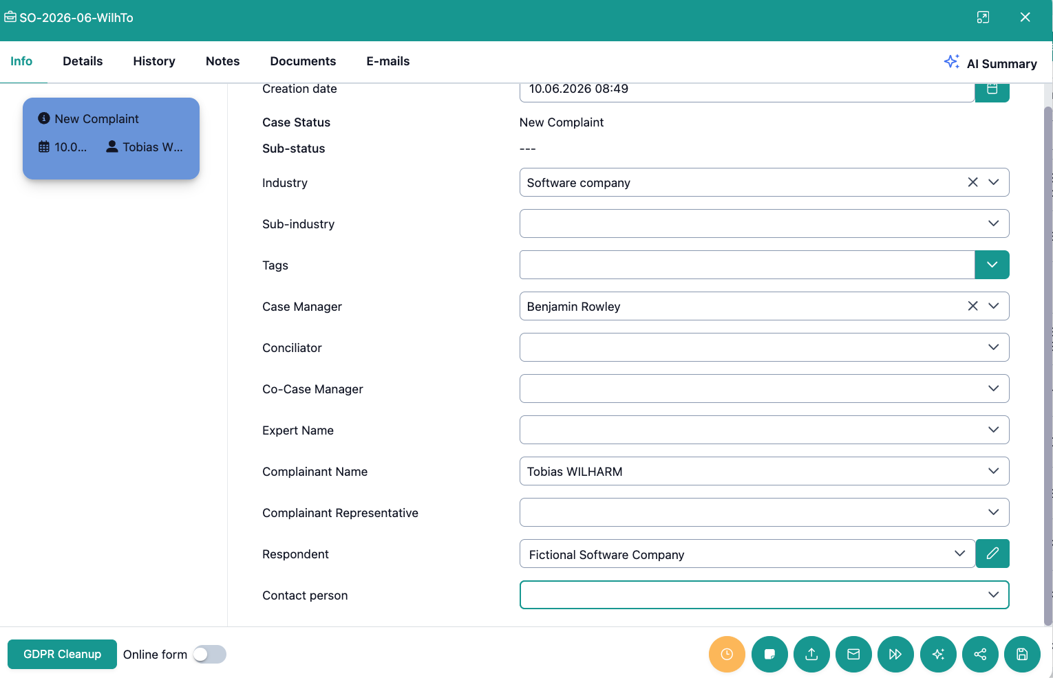 The image shows the digital case file view in OmbuDesk