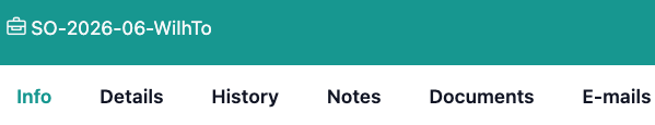 This image shows the various tabs in the navigation bar of the digital case file. By clicking a tab, users can switch the view in the digital case file. Available options are Info (master data), Further details - with further information, the history with a history of the entire case, notes that are only shown internally, documents - a view of all associated documents and finally emails, where all communication is bundled.