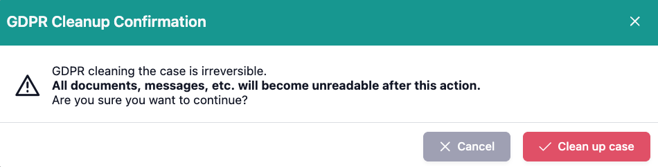 The image shows the dialog after clicking GDPR Cleanup, asking for confirmation to irrevocably delete all personal data.