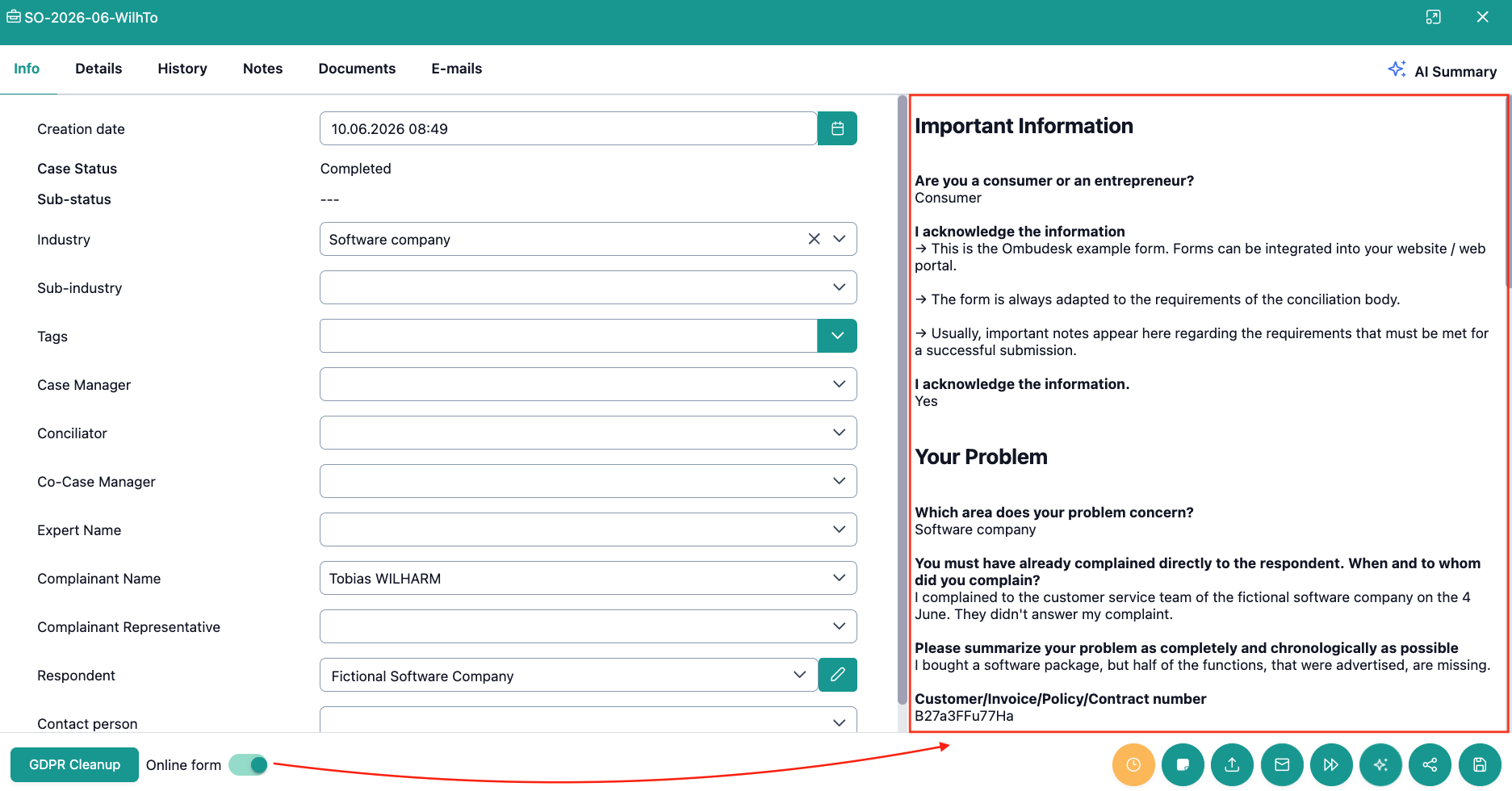 The image shows an original online form with the questions from the sample application form and the answers of the complainant