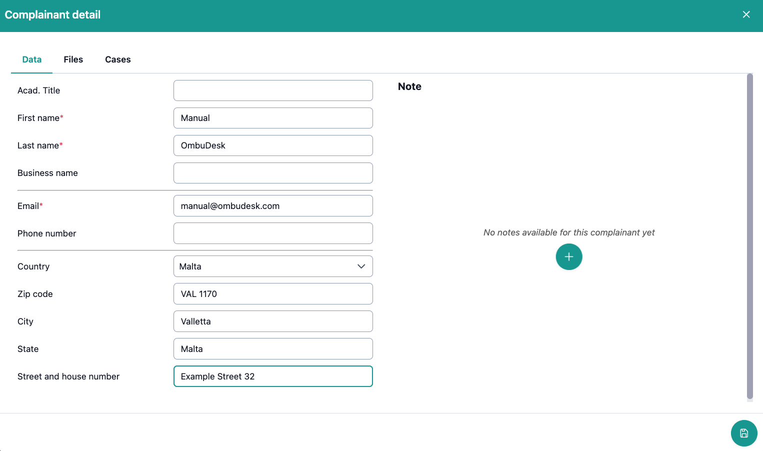 The image shows the dialog box when users want to create a new complainant