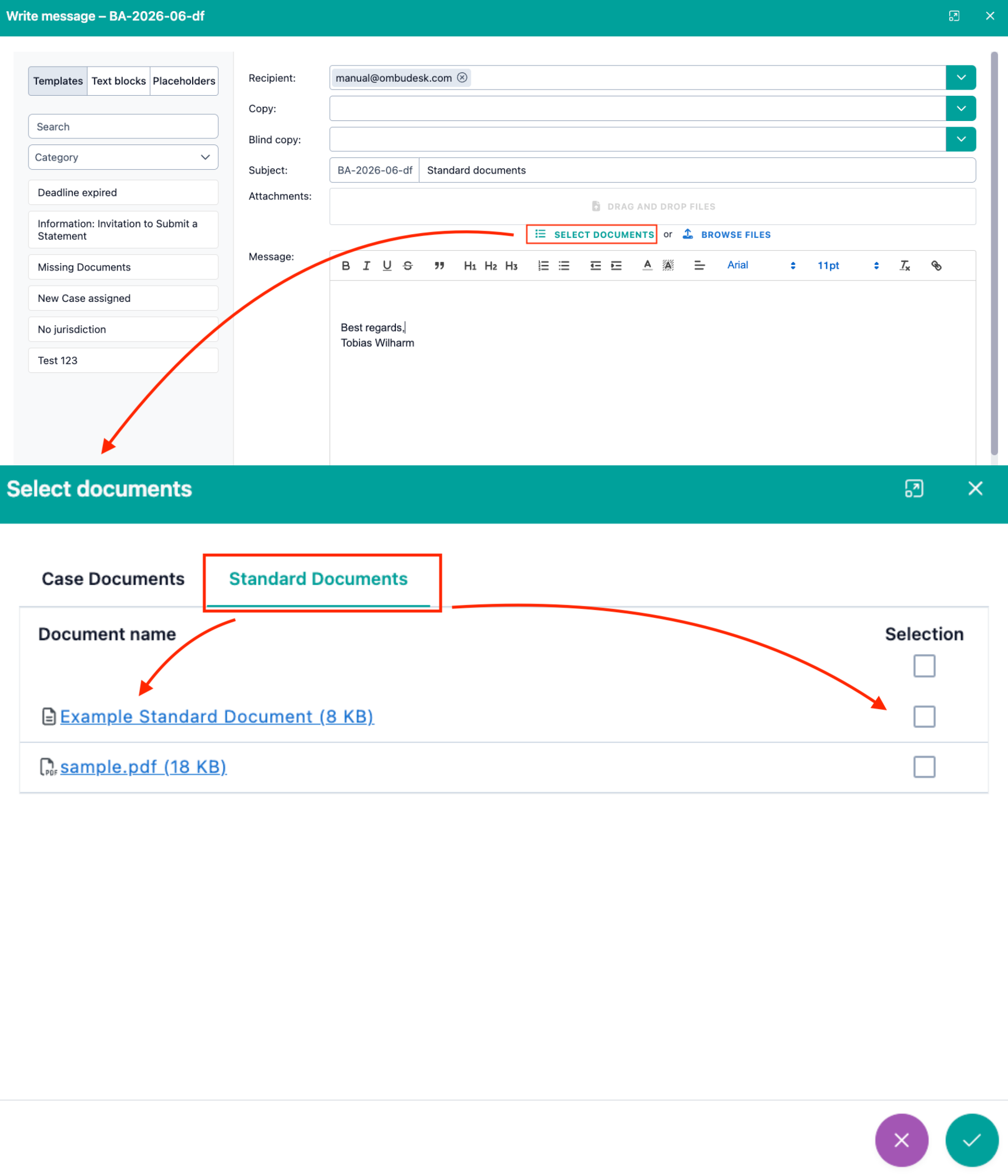 The image shows the compose message window where "Select document" is marked. The second part of the image shows the new dialog window where standard documents can be added.