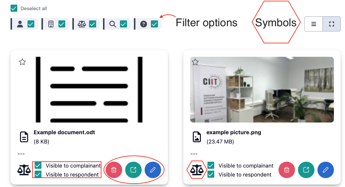 The image shows the document view and draws attention to the filter options, symbols, visibility management and available actions through red markings