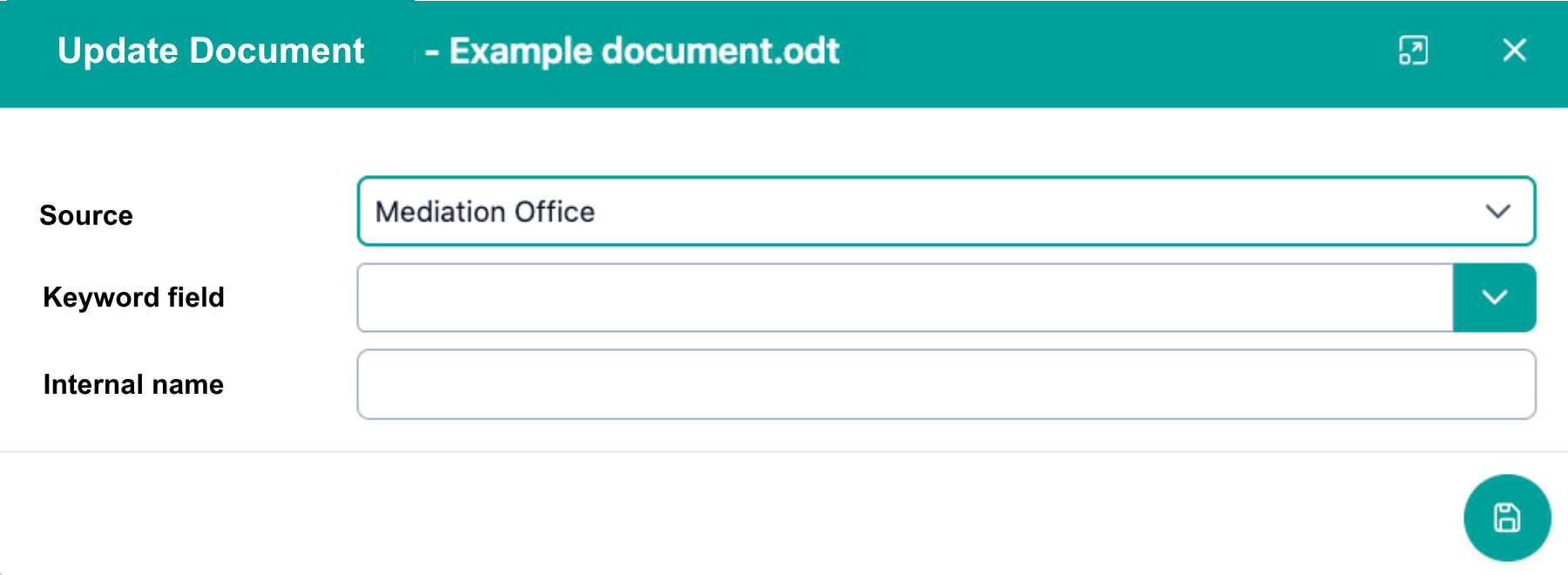 The image shows the editing options for documents in detail. Source, keyword field, and internal name are editable