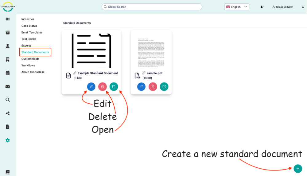 The image shows the settings area for standard documents in OmbuDesk. The left navigation, opening / deleting documents, and storing new standard documents are marked.
