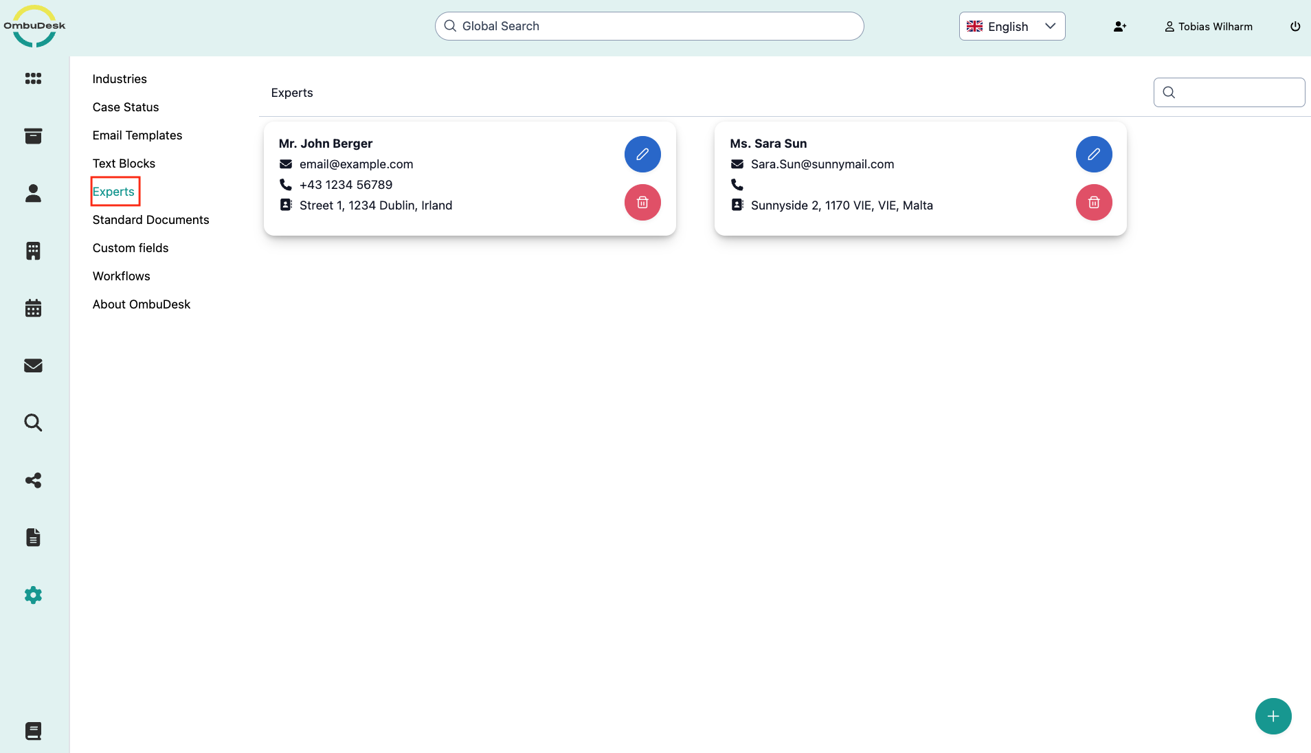 The image shows the settings area for experts in OmbuDesk. The category is outlined in red in the navigation.