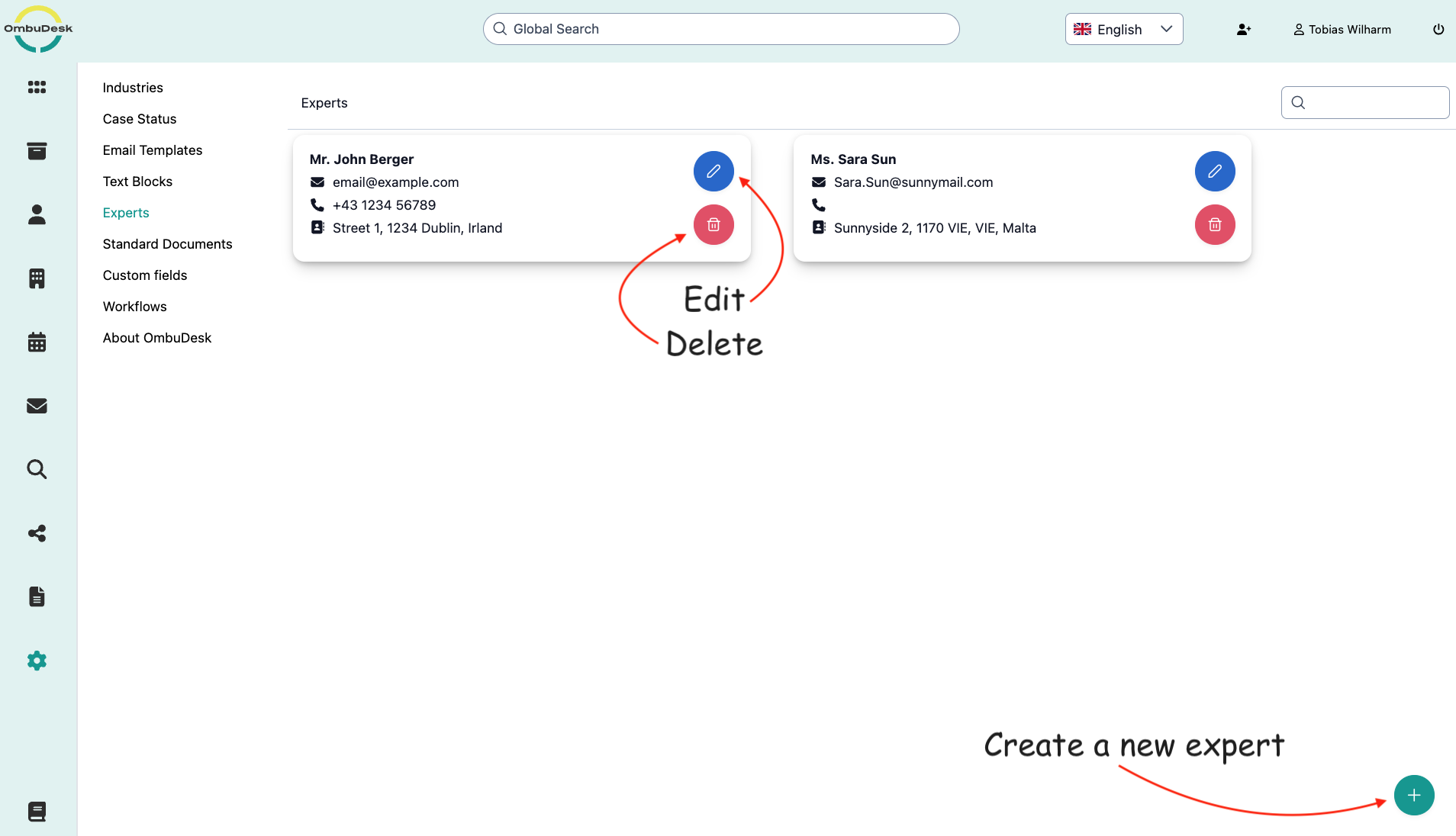 The image shows the settings area for experts. The actions "New expert", "Delete expert" and "Edit expert" are marked.