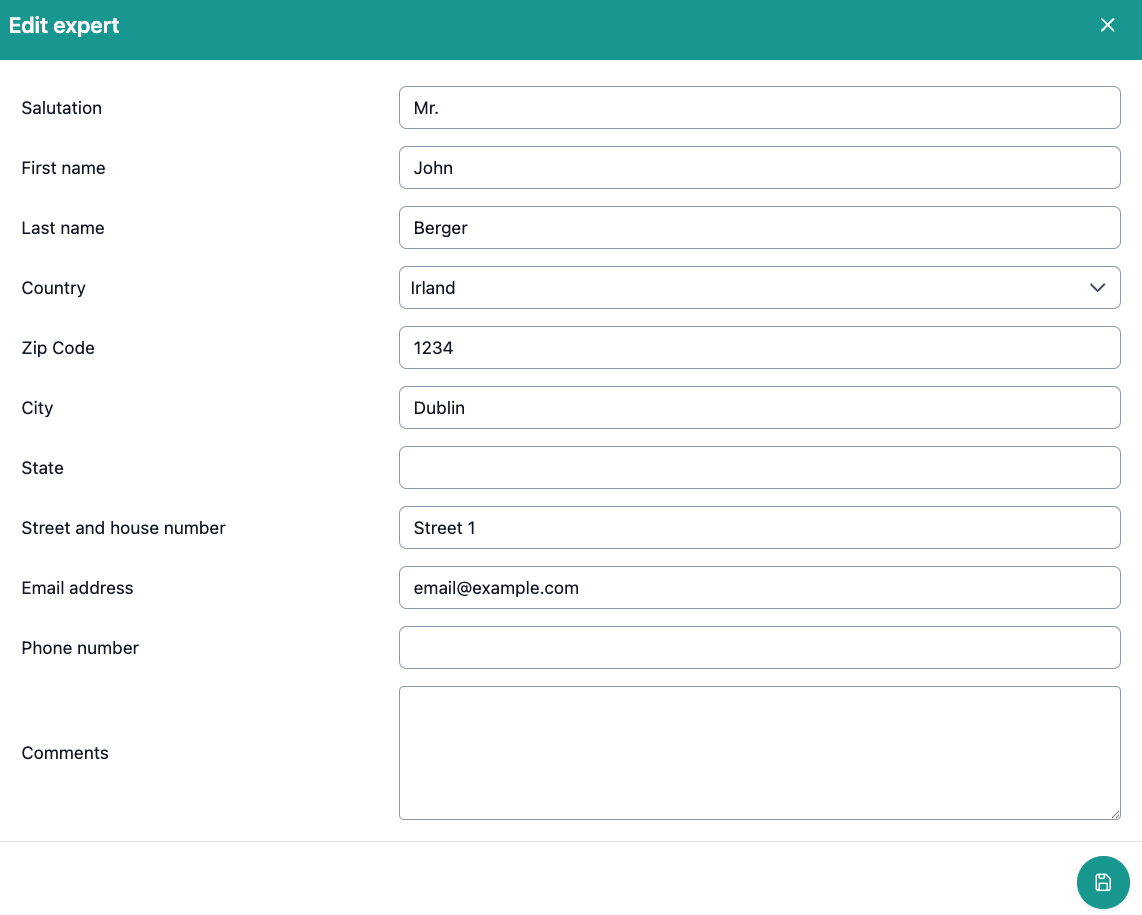 The image shows the editing view / view for creating experts in the associated settings.