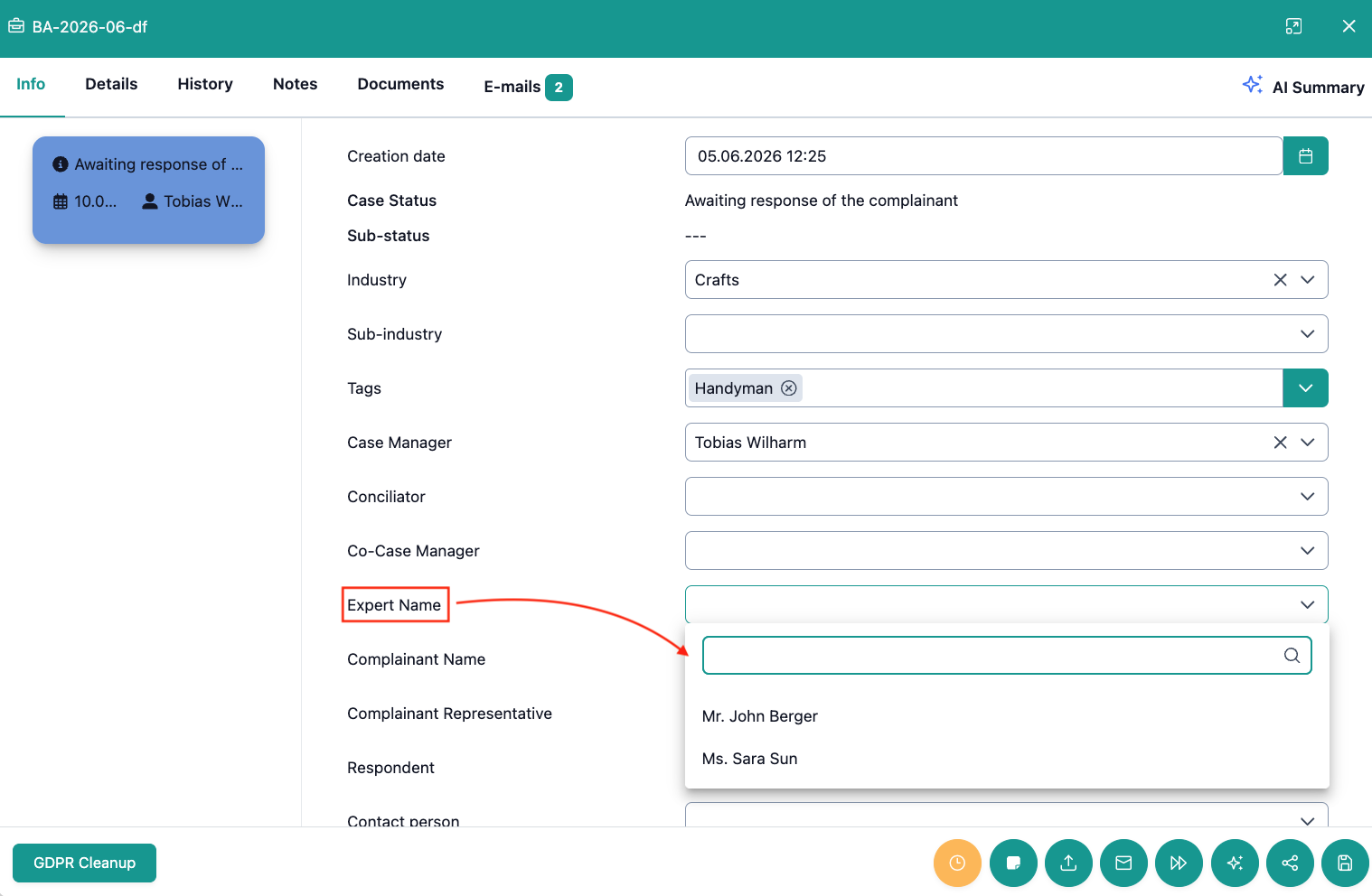 The image shows the digital case file in OmbuDesk, where the selection for experts is highlighted under the "Further details" tab.