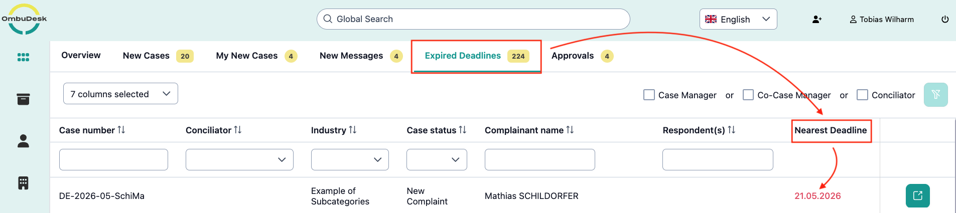 The image shows the expired deadlines tab and in it the column "Current deadline" is marked