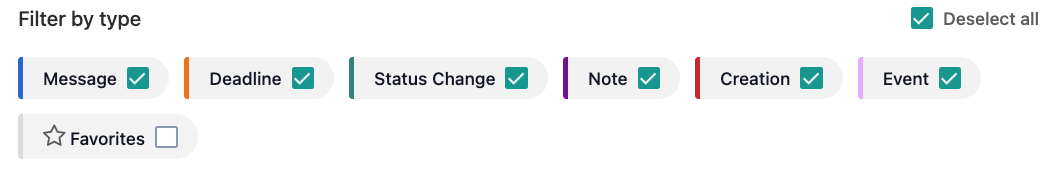 The image shows all possible event types listed above the history, with a checkbox next to each to filter by the respective type.