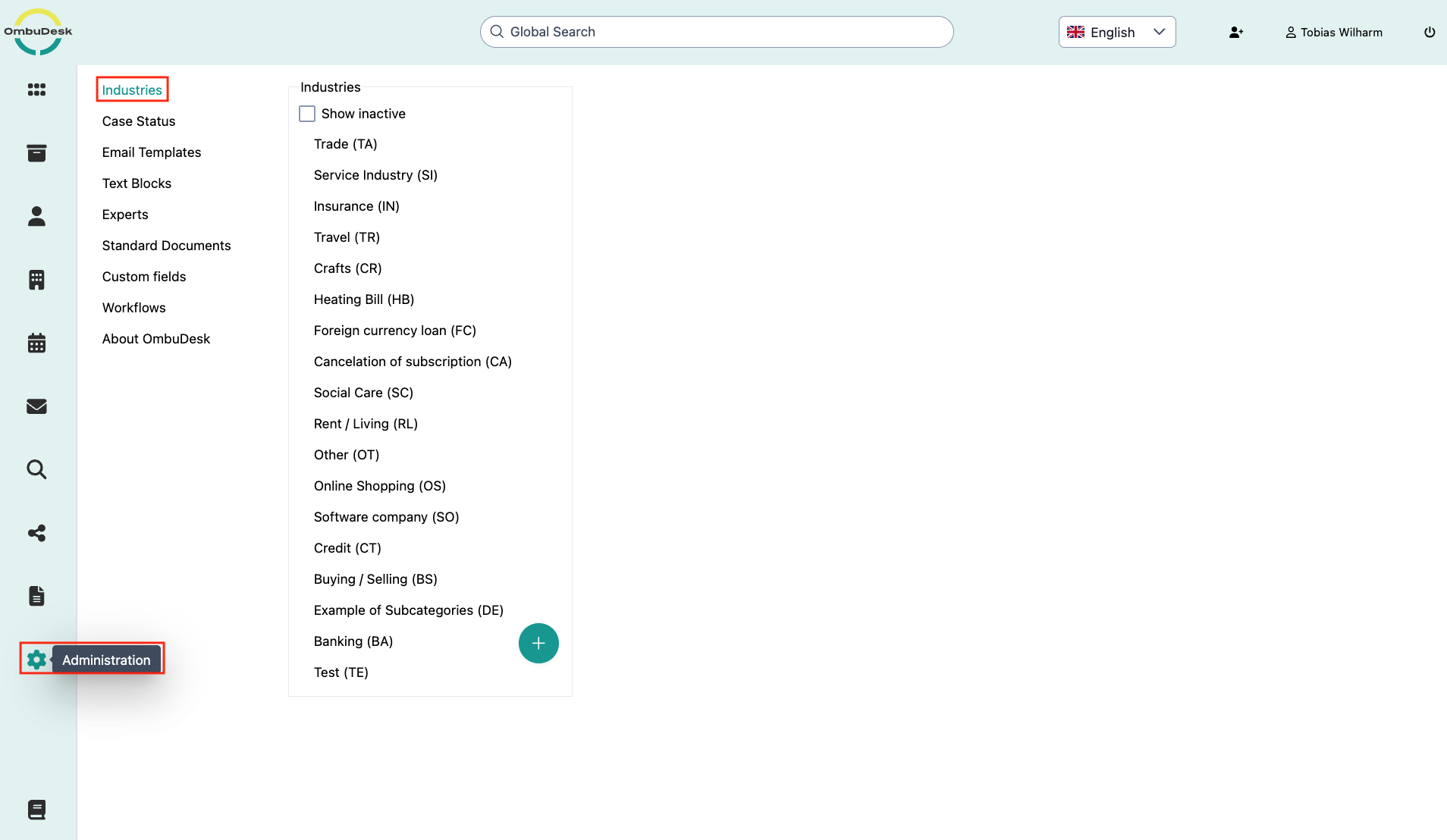 The image shows the administrative area and therein the settings for the industries. In the left navigation, the admin area is outlined in red, and in the central view, the selection for the industries subpage is shown.