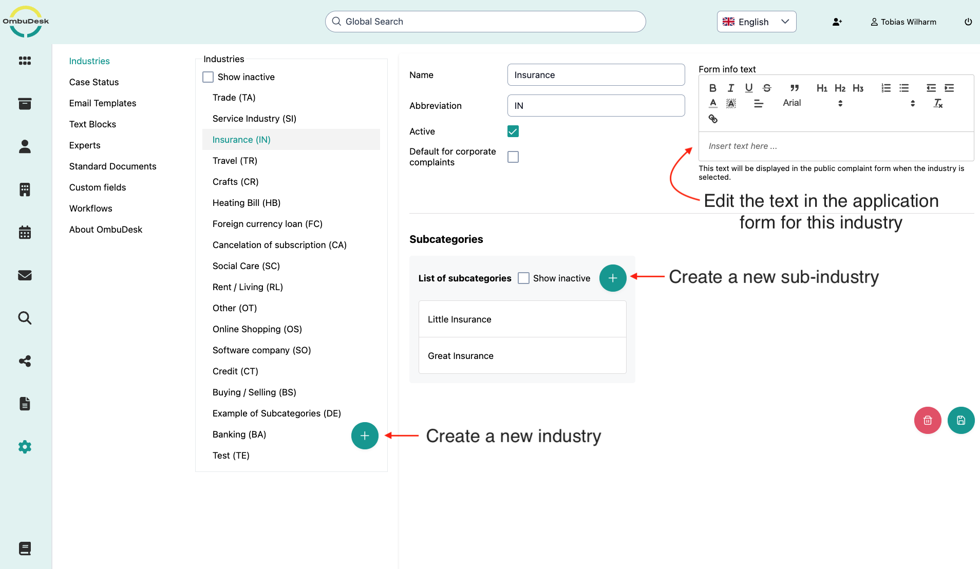 The image shows the administrative area for industries, and red arrows + text mark the various setting options.