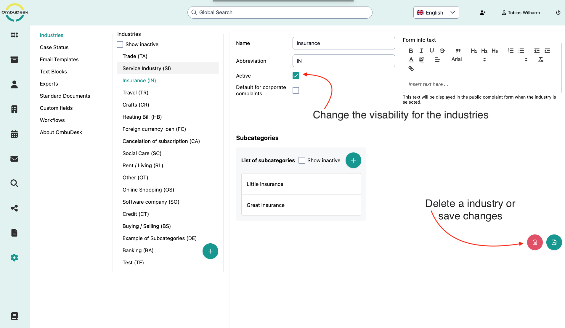 The image shows the administrative area for industries, and red arrows + text mark the checkbox for the visibility of an industry, deleting an industry, and saving changes to an industry.