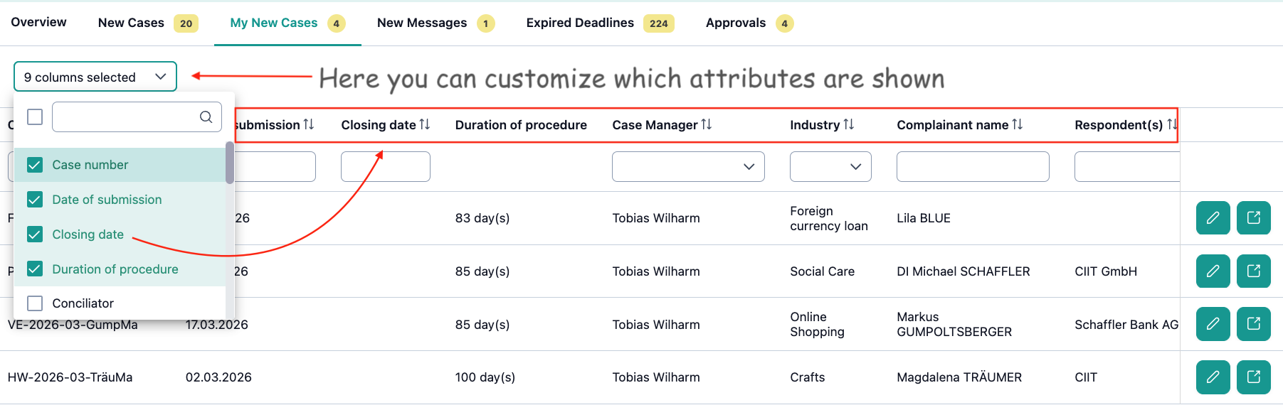 The image shows the "My New Cases" view, in which the column configuration and the displayed columns are highlighted in color.