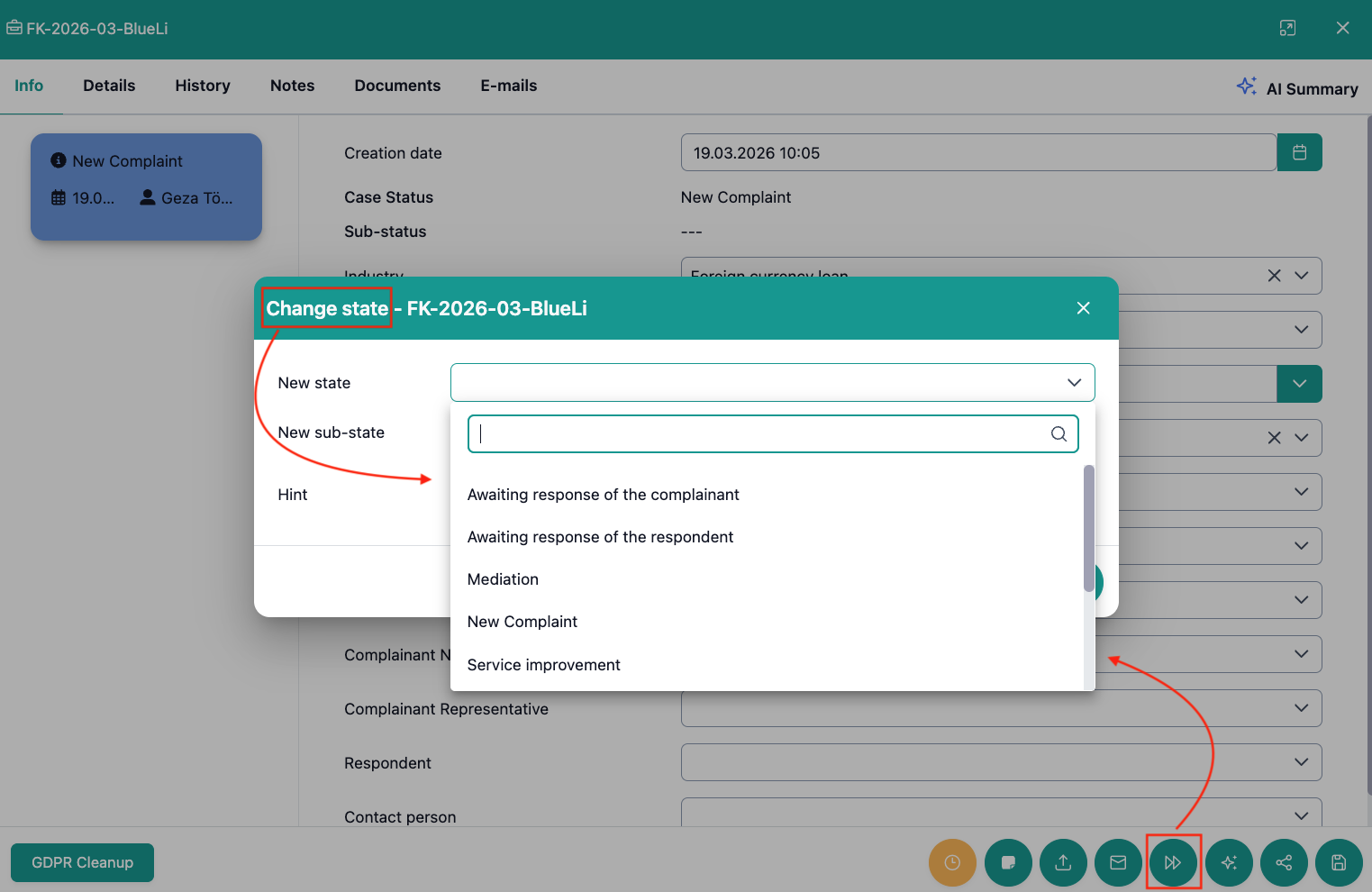 The image shows the status change in the digital case file. The heading of the dialog window "Change status" is highlighted in color.