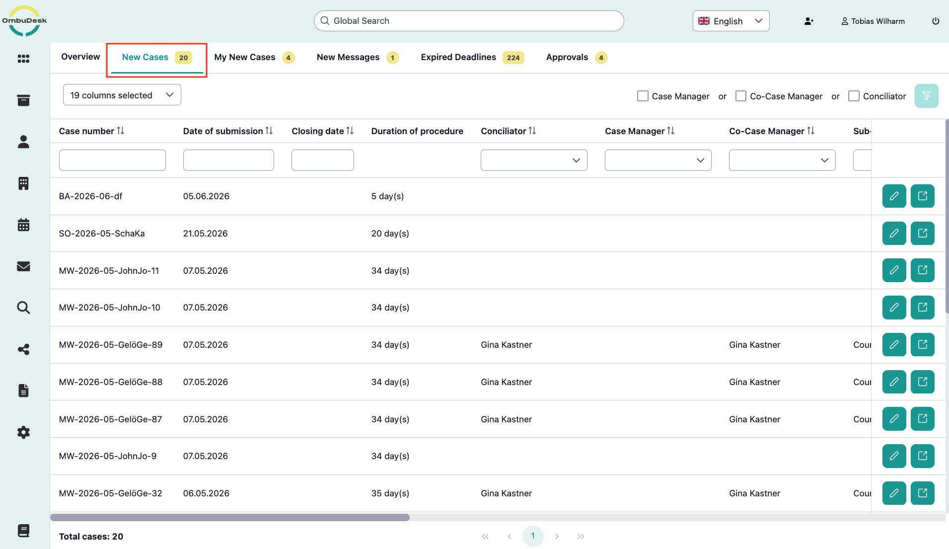 The image shows the OmbuDesk dashboard in the "New Cases" tab, which is highlighted in color in the navigation
