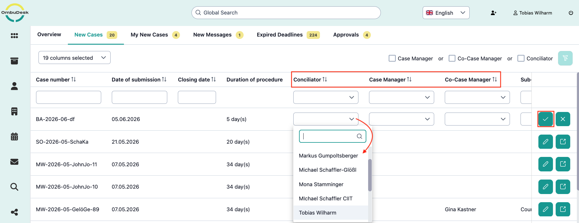 The image shows the new cases view. The columns Conciliator and Case worker are marked, in which a case can be assigned to a case worker via quick editing and the green checkmark to save changes in quick editing is marked.